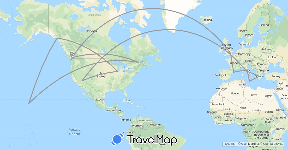 TravelMap itinerary: plane in Canada, Spain, United Kingdom, Greece, Italy, Malta, United States (Europe, North America)